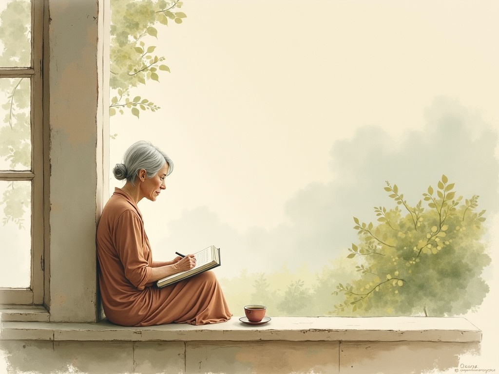 An elderly woman sitting peacefully by a cottage window with a notebook and tea