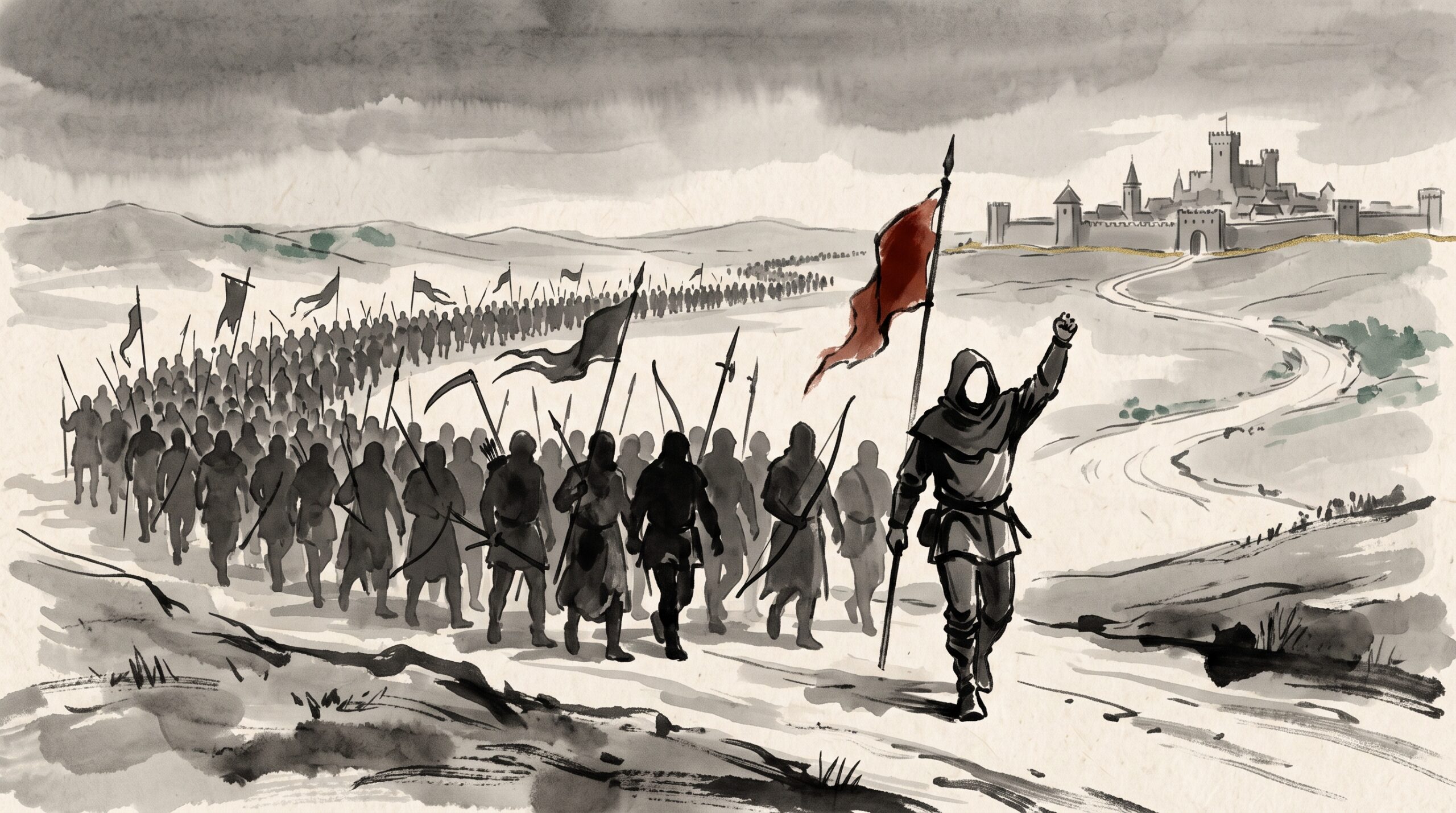 Ink-wash painting of a lone leader at the head of a marching medieval peasant army toward a walled city