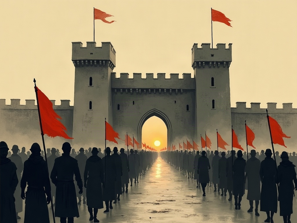 Ink-wash of an orderly medieval crowd approaching a stone castle gatehouse at dusk
