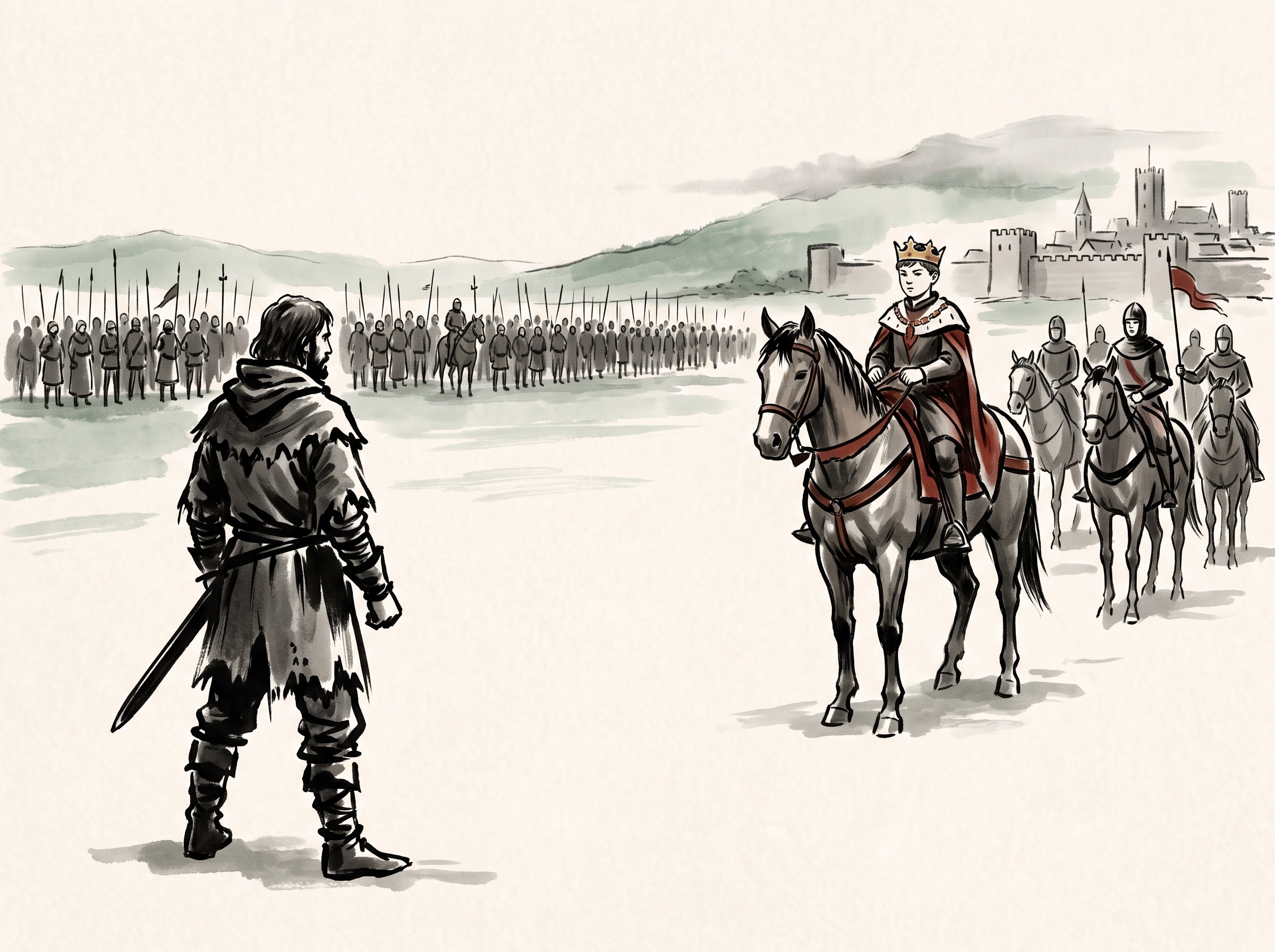 Ink-wash of a rebel leader on foot confronting a young crowned king on horseback in an open field