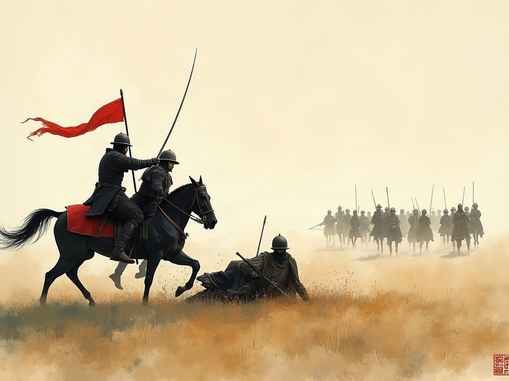Ink-wash of a mounted official striking down a falling rebel leader as horsemen close in