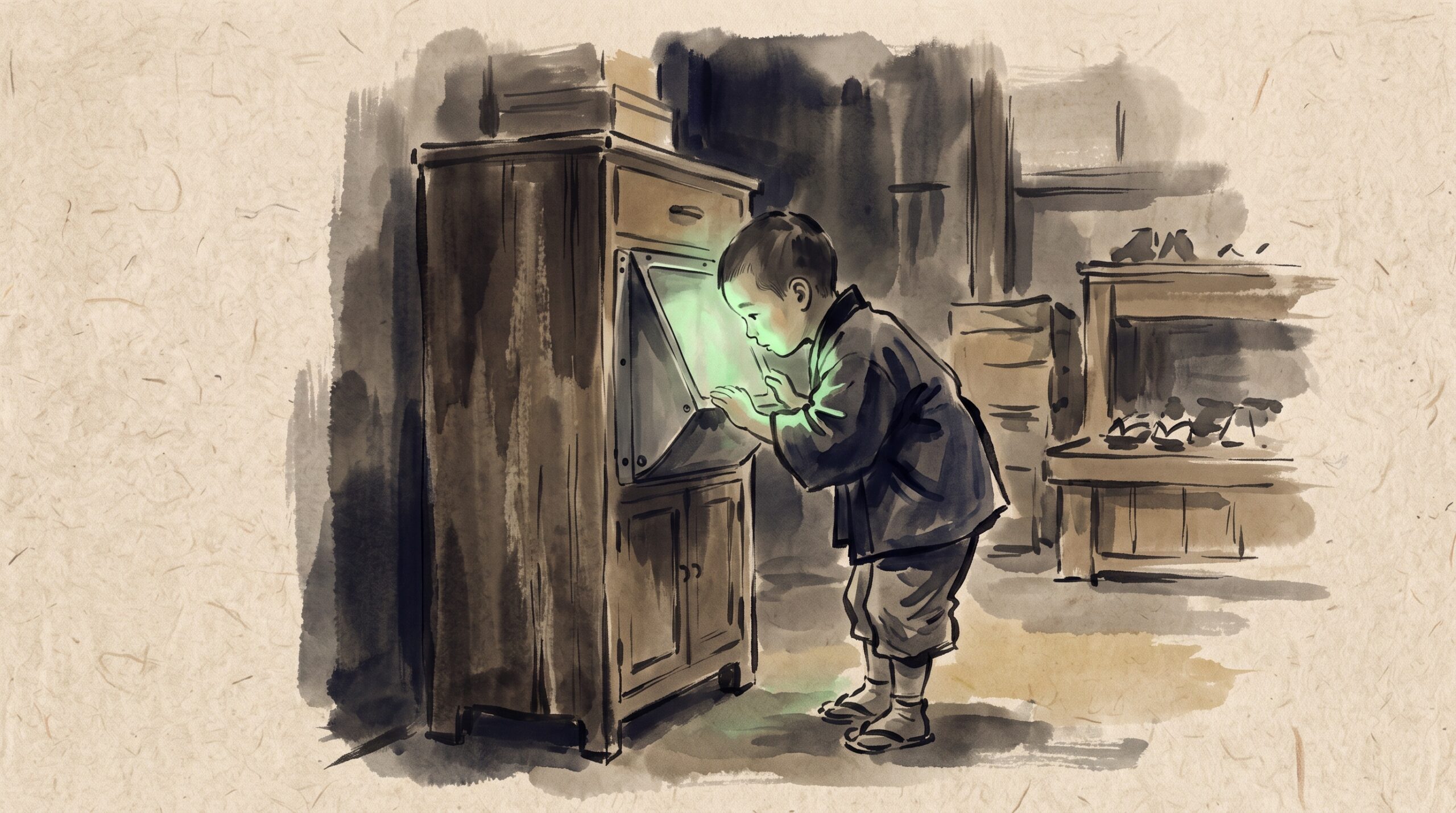 A child leaning over a 1930s shoe-store X-ray cabinet lit by an eerie green glow, in sumi-e style