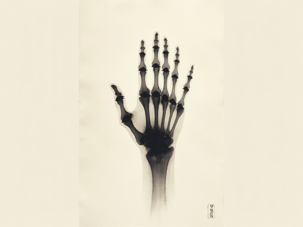 A ghostly ink-wash rendering of an X-rayed hand showing the bones