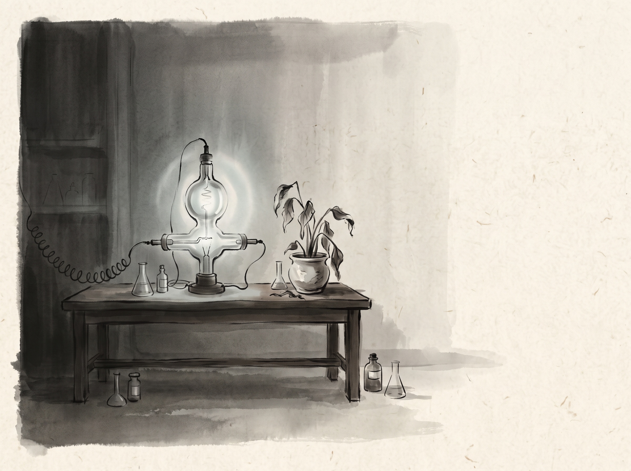 An early X-ray tube glowing on a laboratory bench beside a wilting plant, in minimalist ink style