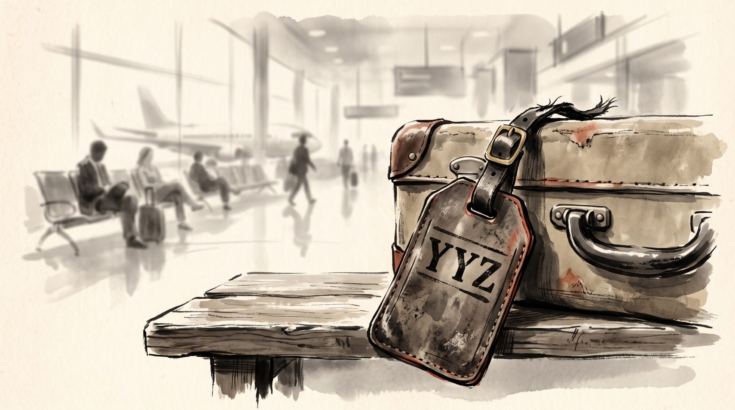 A vintage luggage tag stamped YYZ hanging from a suitcase in a quiet airport hall