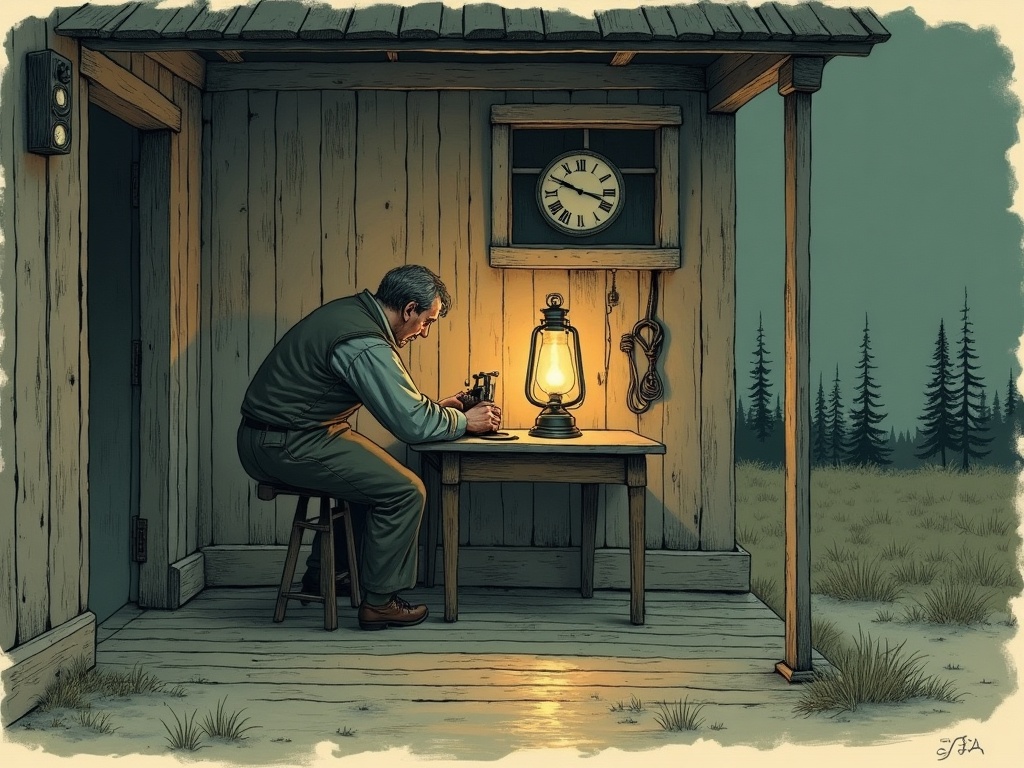 A telegraph operator working a brass Morse key by lamplight in an old railway station