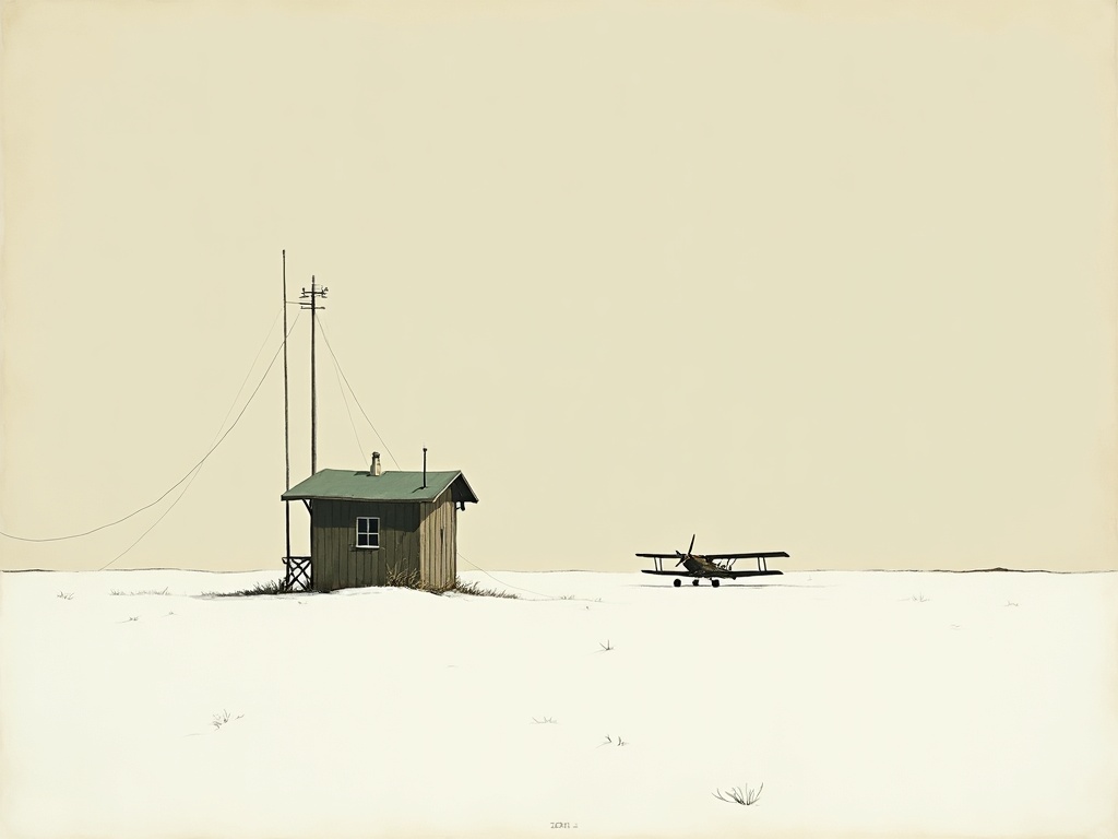 A 1930s radio and weather station beside a snowy prairie airfield with a parked biplane