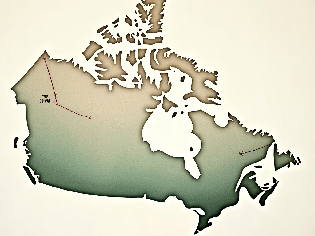 A stylised painted map of Canada showing telegraph and railway lines linking station dots