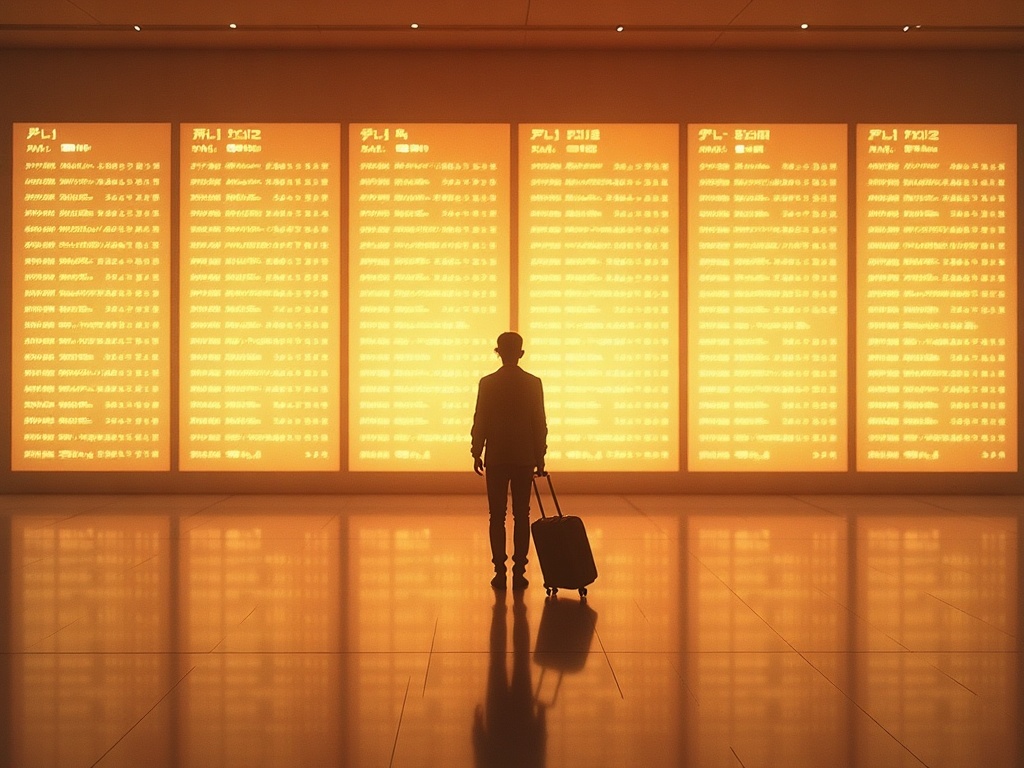 A single traveller standing before a glowing departure board in a quiet terminal