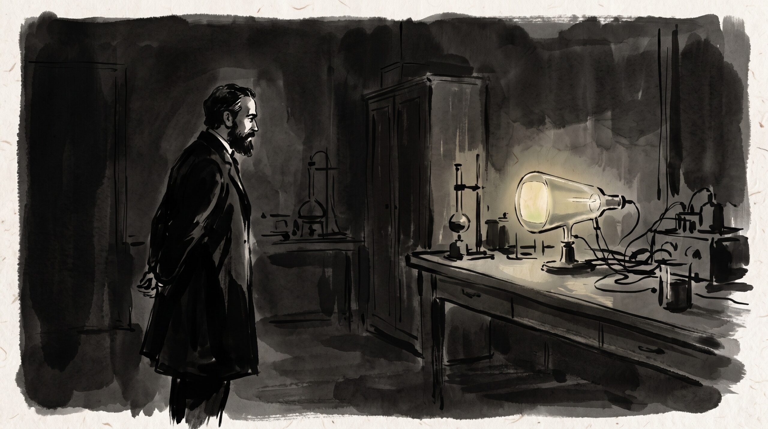 A lone 19th-century scientist standing before a faintly glowing screen in a dark laboratory, painted in a minimalist sumi-e style
