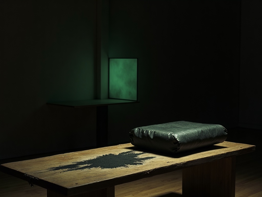 A covered discharge tube and a faintly fluorescing screen in a dark room, rendered in minimalist ink wash