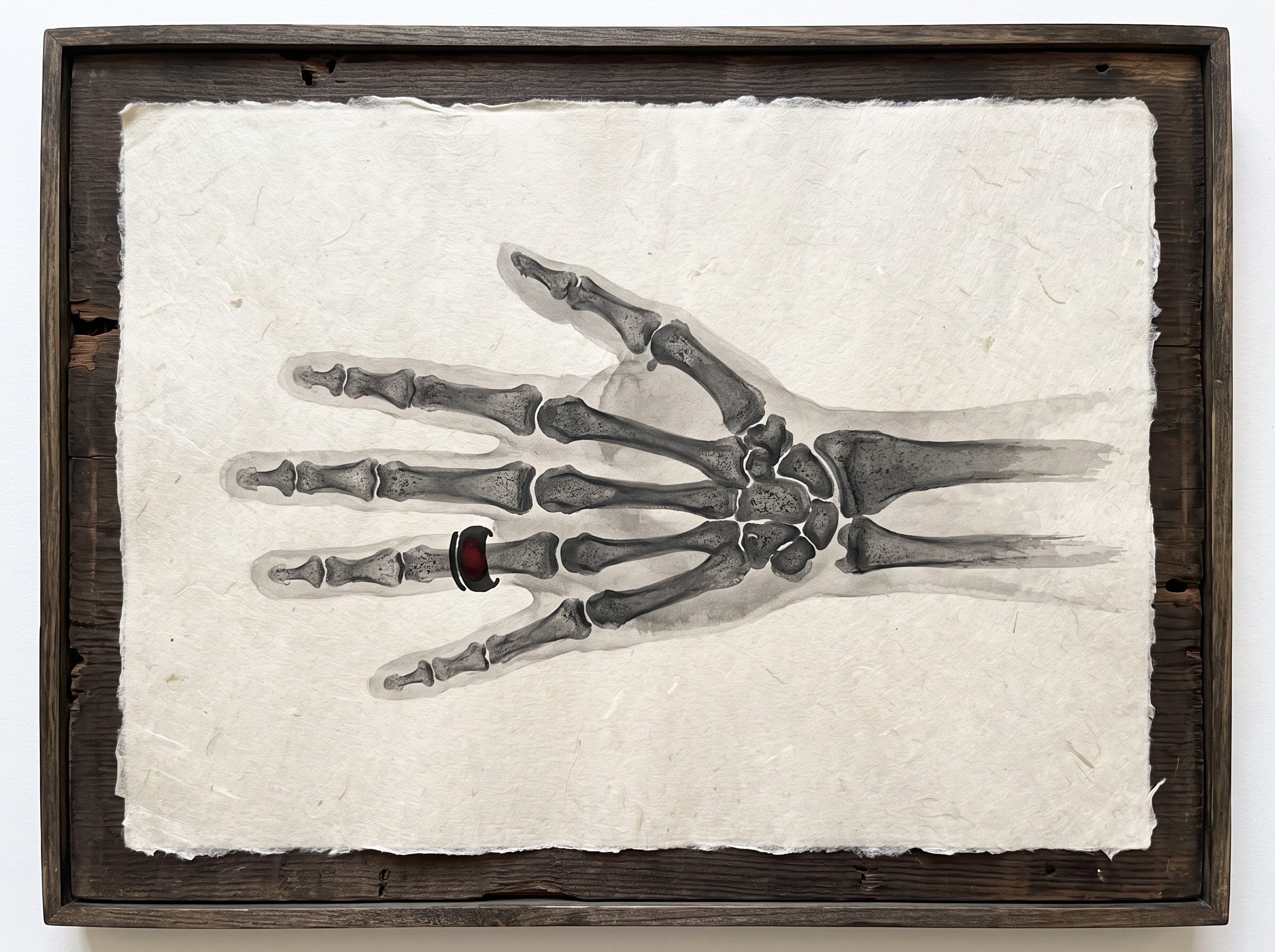 A ghostly X-ray image of a hand with the bones and a ring visible, presented as an old photographic plate