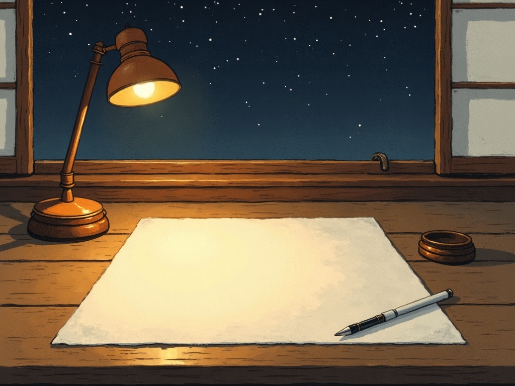 A scientific paper and a pen on a lamplit desk by an open window at night, in a contemplative sumi-e style