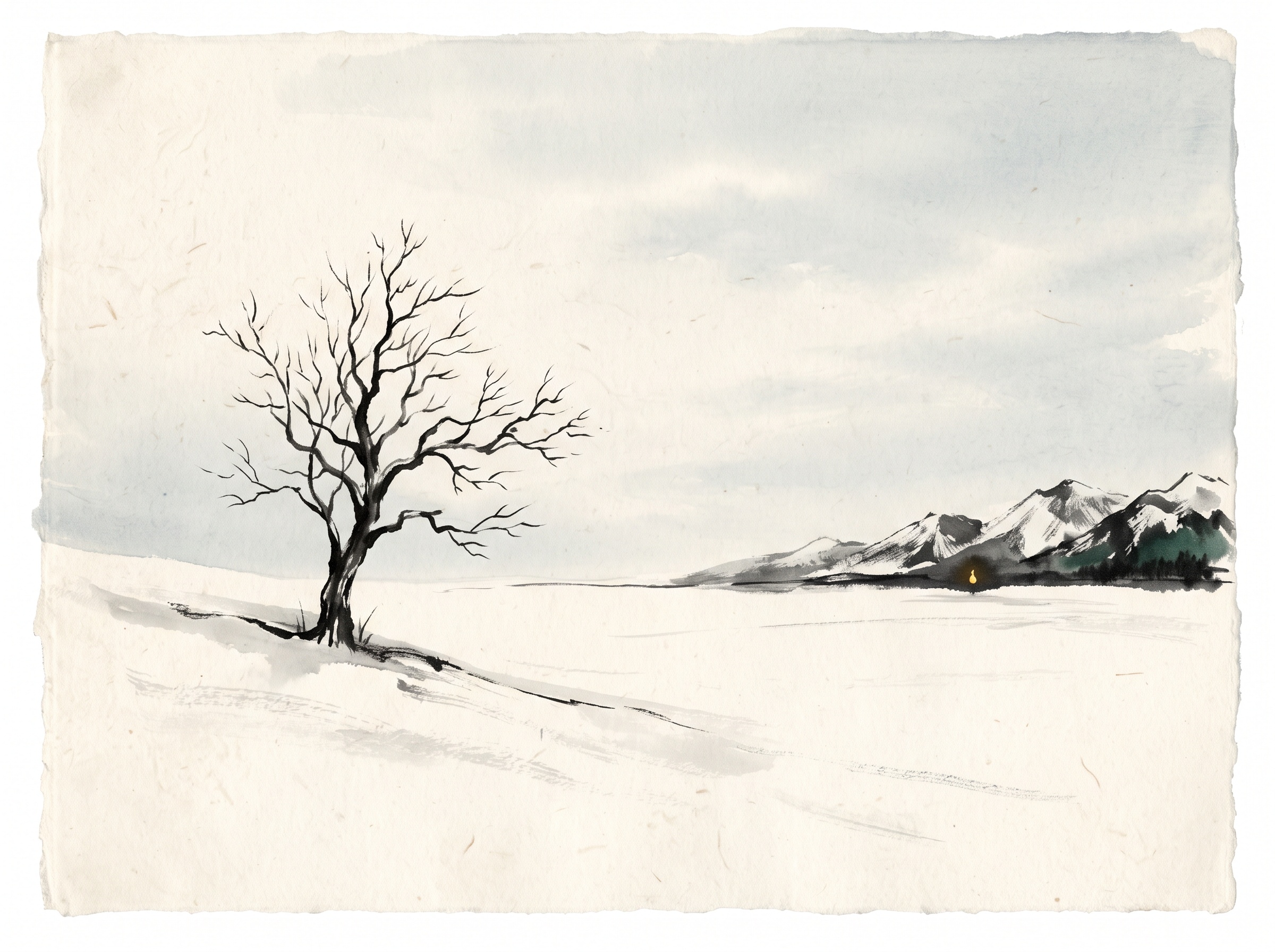 A single bare winter tree on an empty snow field under a pale sky, evoking solitude and dignity