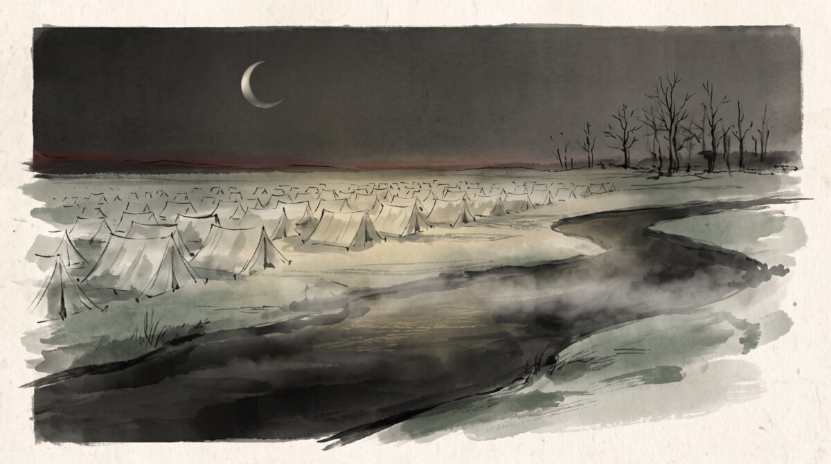 Ink-wash painting of a sprawling 18th-century army camp at night beside a misty river