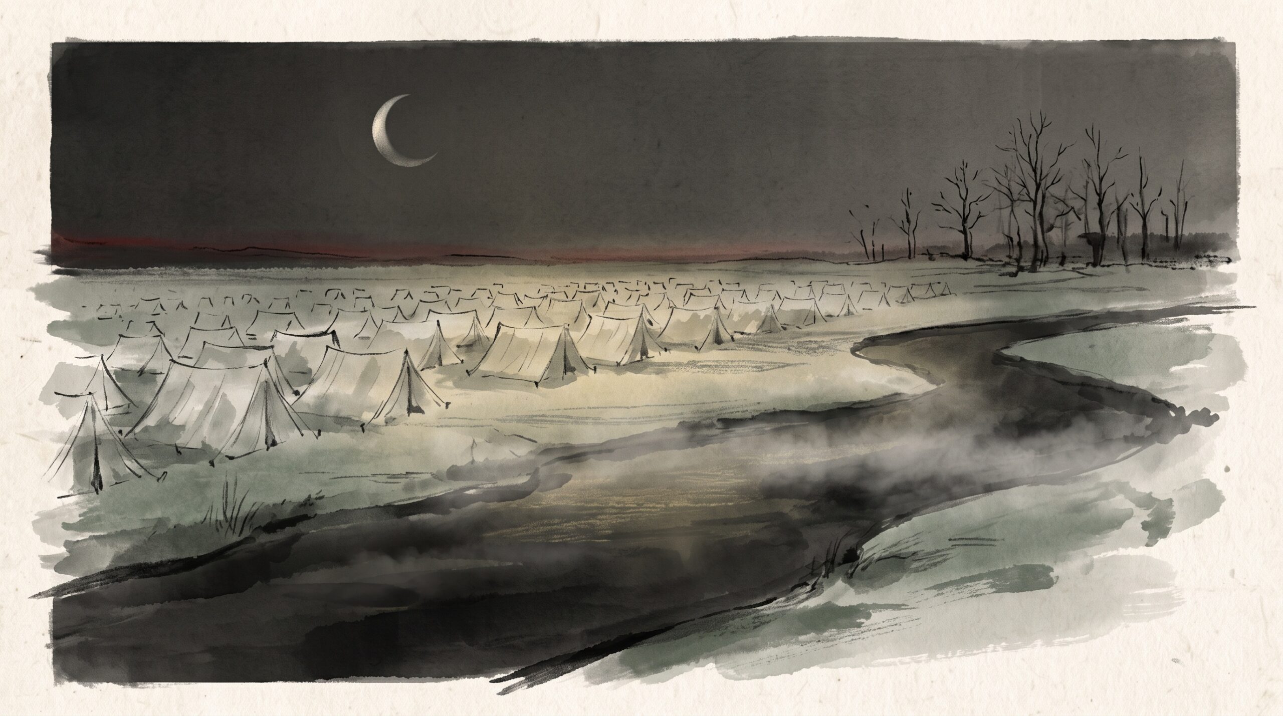 Ink-wash painting of a sprawling 18th-century army camp at night beside a misty river