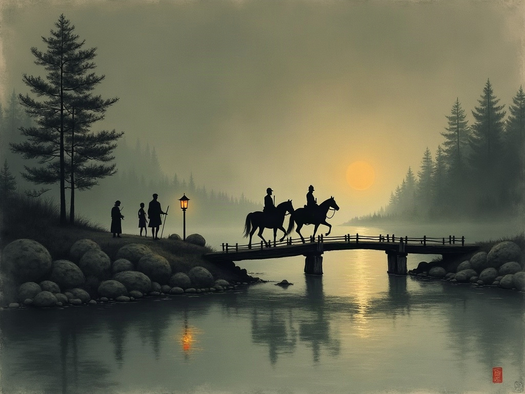 Ink-wash painting of hussars crossing a night river toward figures with barrels and a lantern