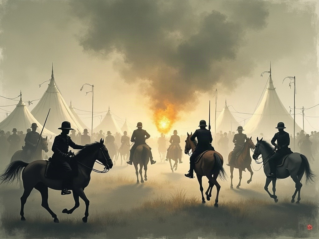Ink-wash painting of soldiers and horses in panic around tents lit by a musket flash