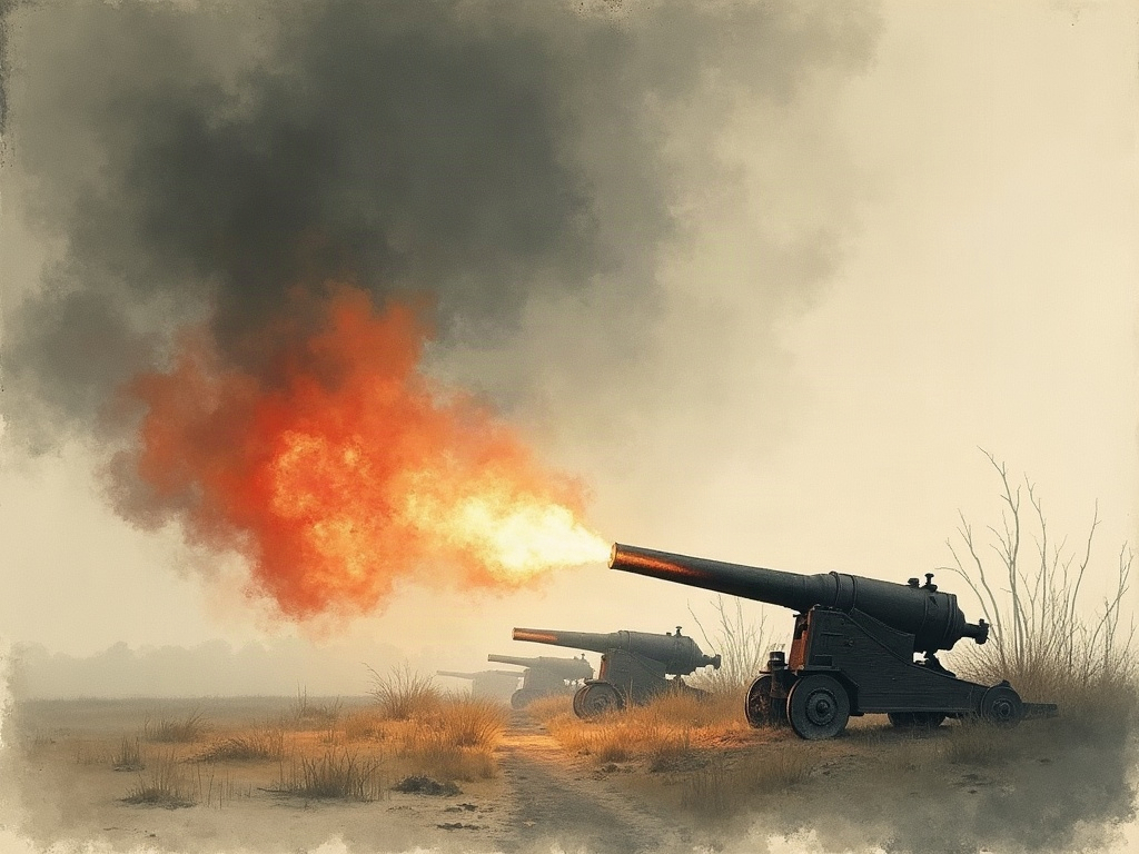 Ink-wash painting of cannon firing into empty darkness with no enemy visible
