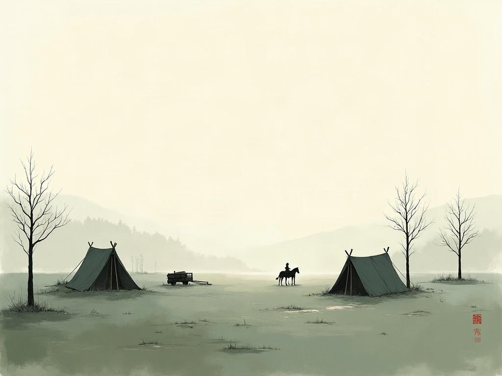 Ink-wash painting of an abandoned camp at dawn with a riderless horse in the mist