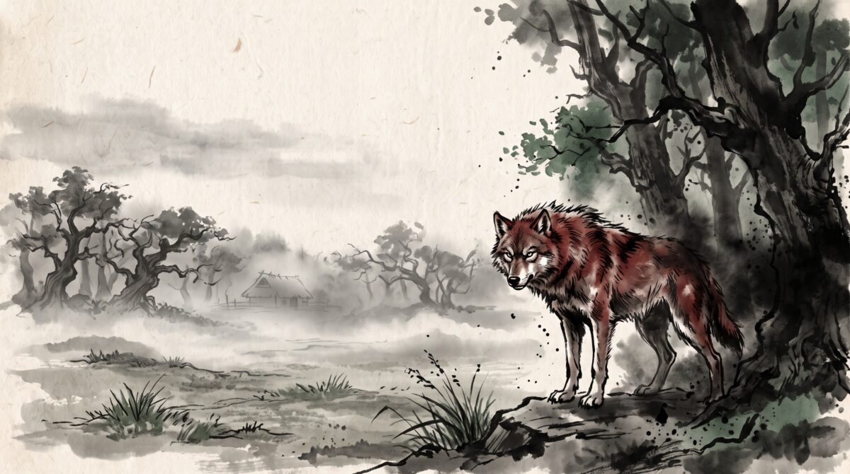 A large reddish wolf-like beast at the misty edge of a dark upland forest at dusk
