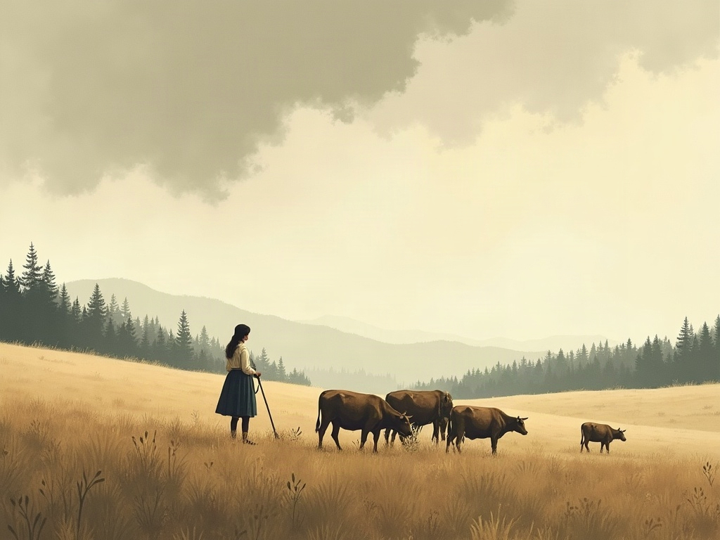 A lone peasant girl herding cattle on a bare windswept upland meadow under a grey sky