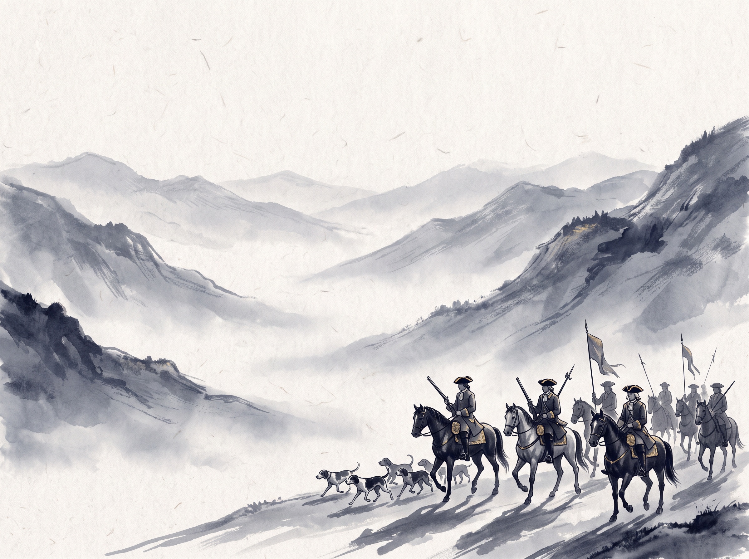 A company of 18th-century royal hunters on horseback with hounds riding into a foggy valley at dawn