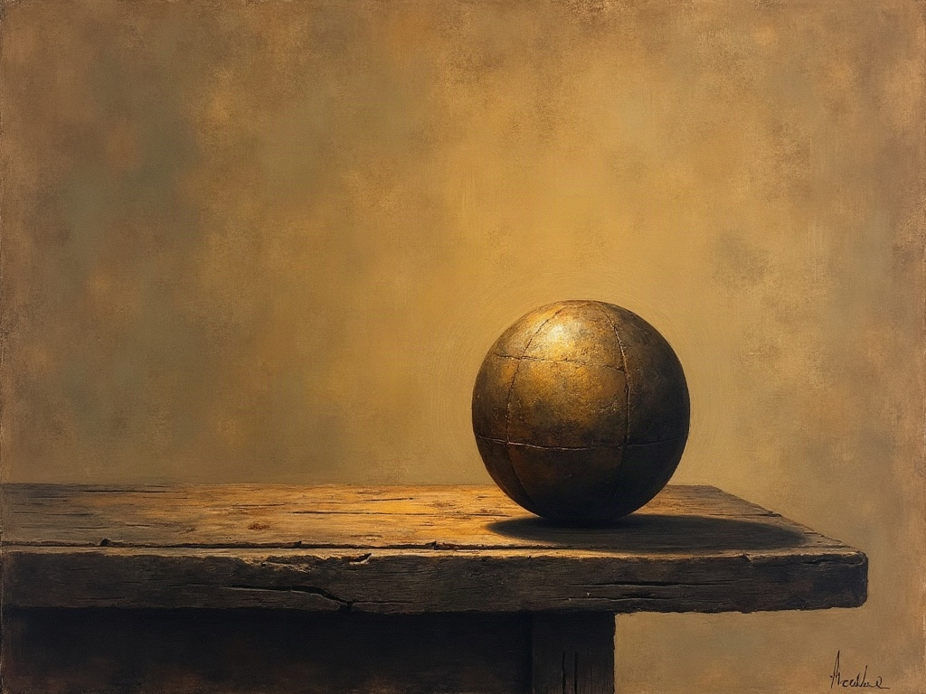 A single old lead musket ball resting on dark weathered wood in a shaft of warm light