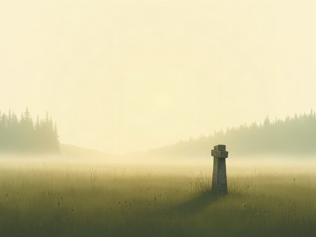 An empty misty upland meadow at dawn with a single weathered stone marker in the grass
