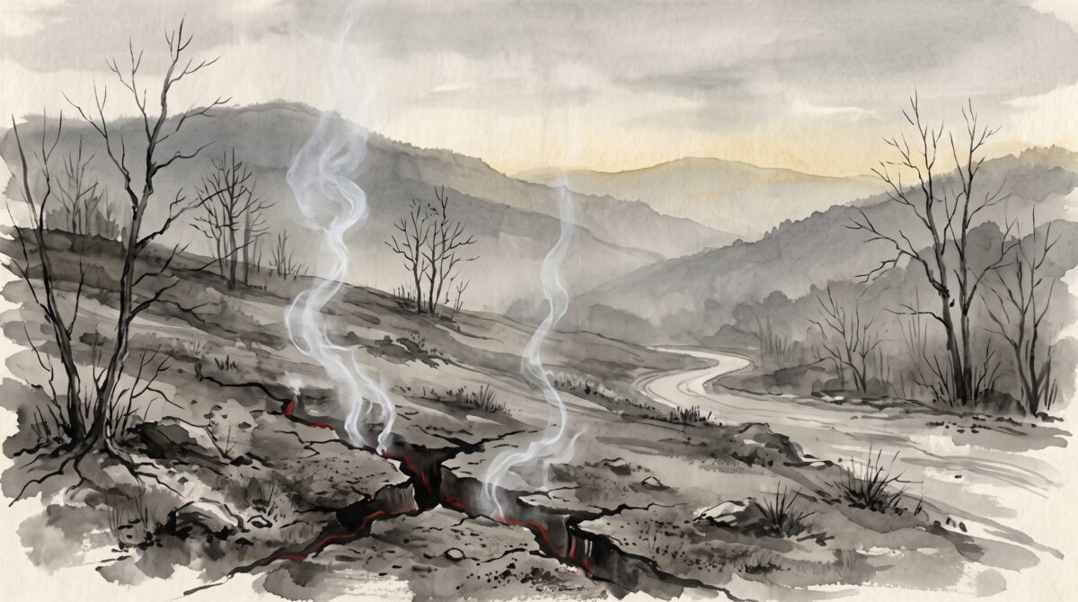 Ink-wash painting of smoke rising from cracks in bare ground on an empty hillside