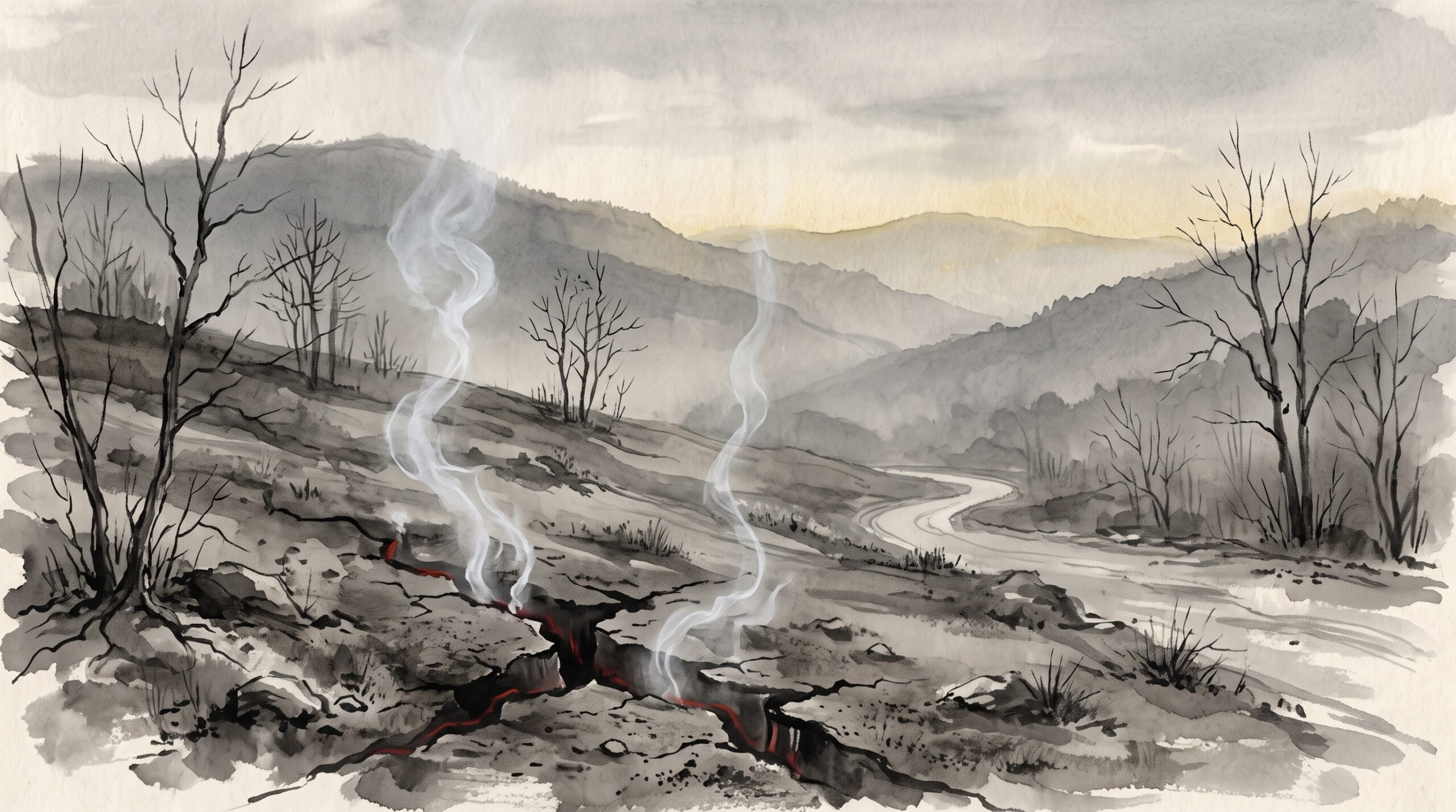 Ink-wash painting of smoke rising from cracks in bare ground on an empty hillside