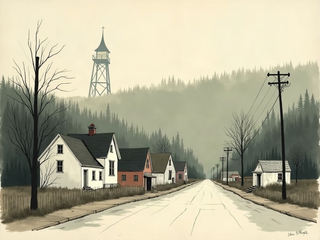 Ink-wash painting of a small 1960s coal-mining town in wooded hills with a church steeple
