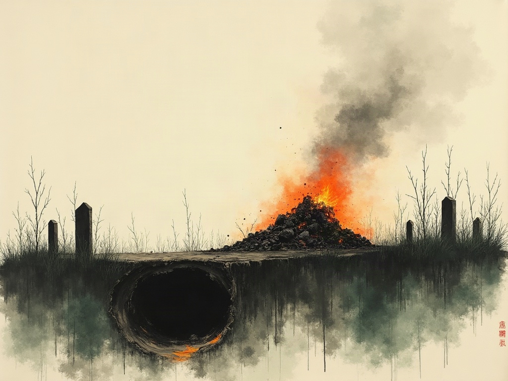 Ink-wash painting of a smouldering trash pit beside an old cemetery with smoke sinking into the ground