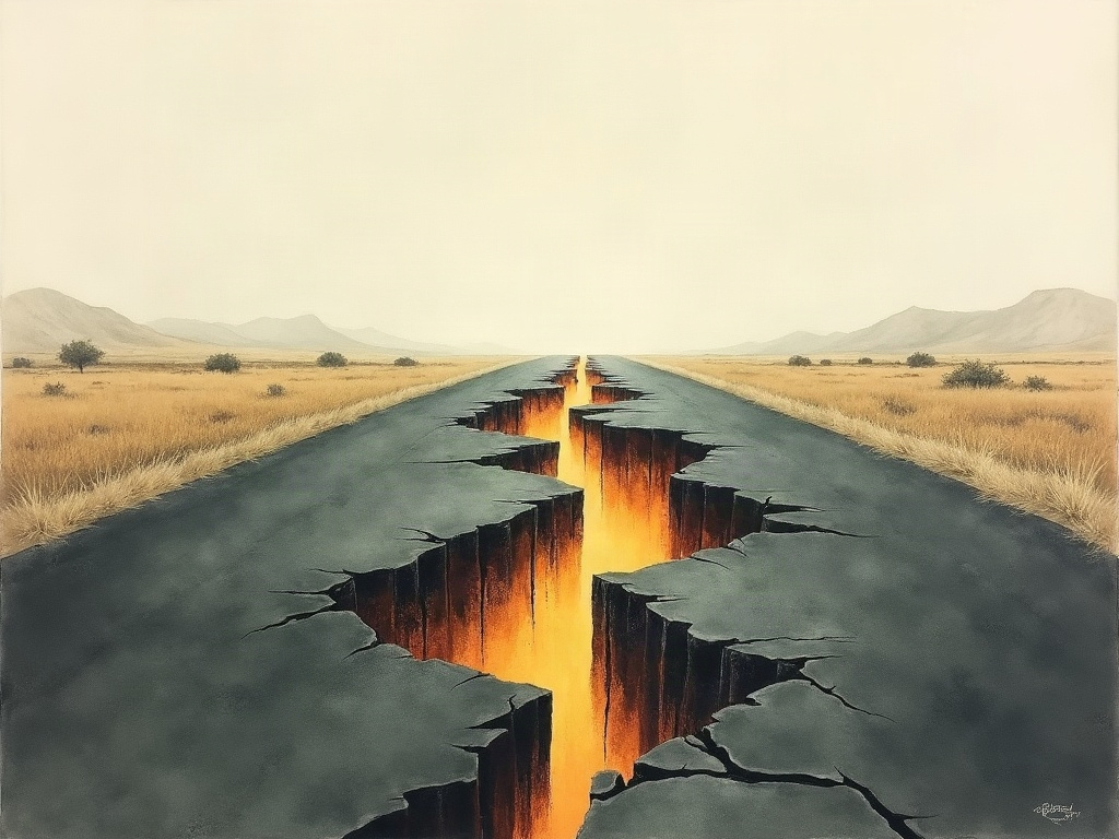 Ink-wash painting of a cracked, buckled highway with steam and glow rising from its fissures