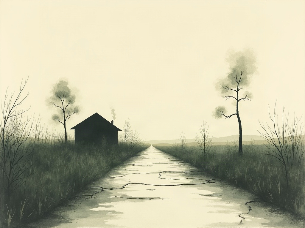 Ink-wash painting of empty overgrown lots at dusk with a lone house and smoke rising from the ground
