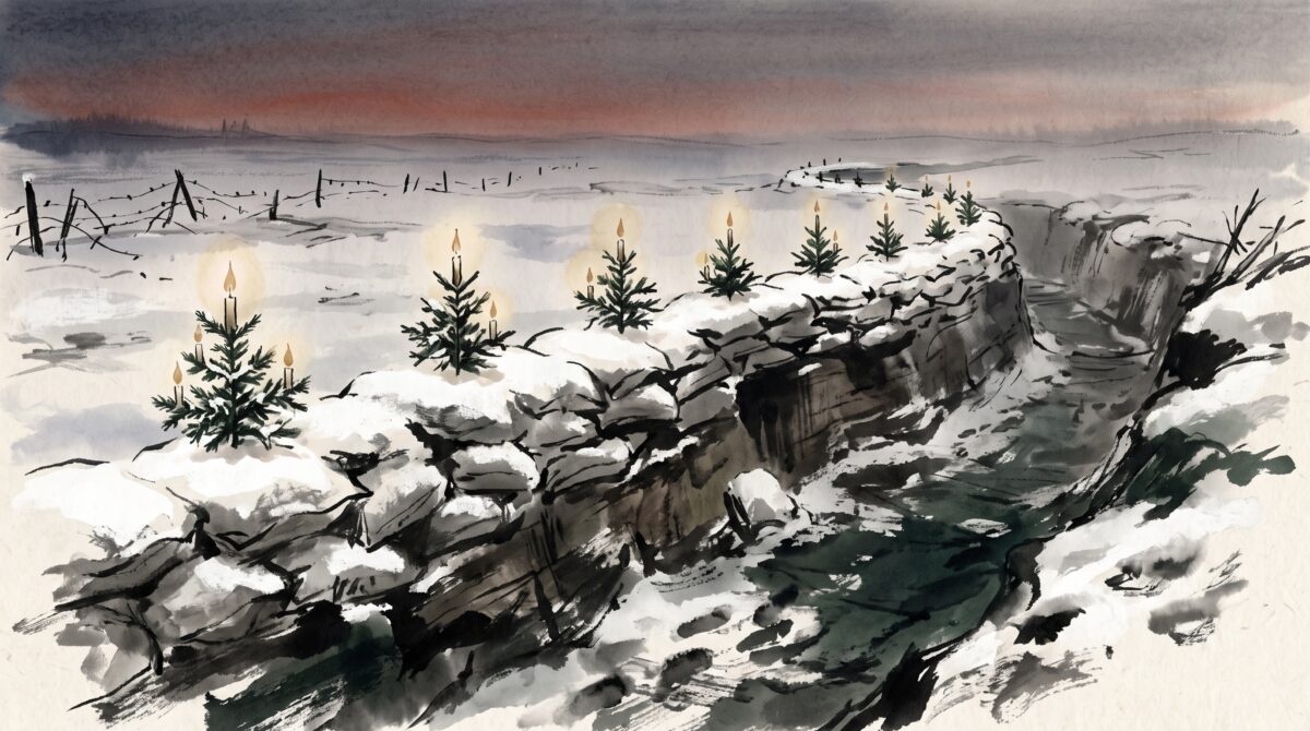 Ink-wash painting of small lit Christmas trees along a snowy WWI trench parapet at dusk
