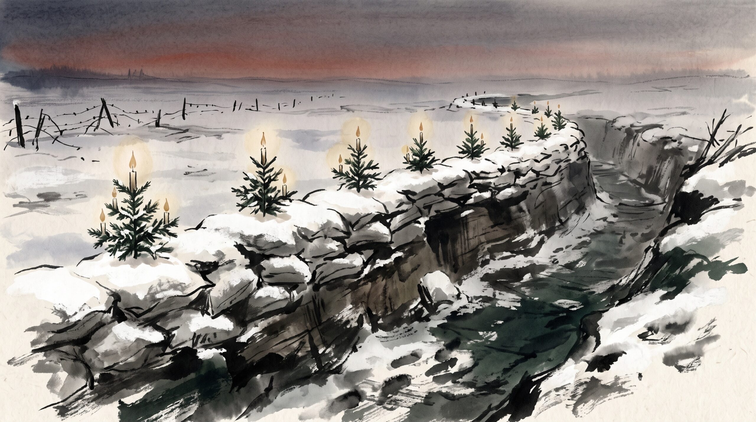 Ink-wash painting of small lit Christmas trees along a snowy WWI trench parapet at dusk