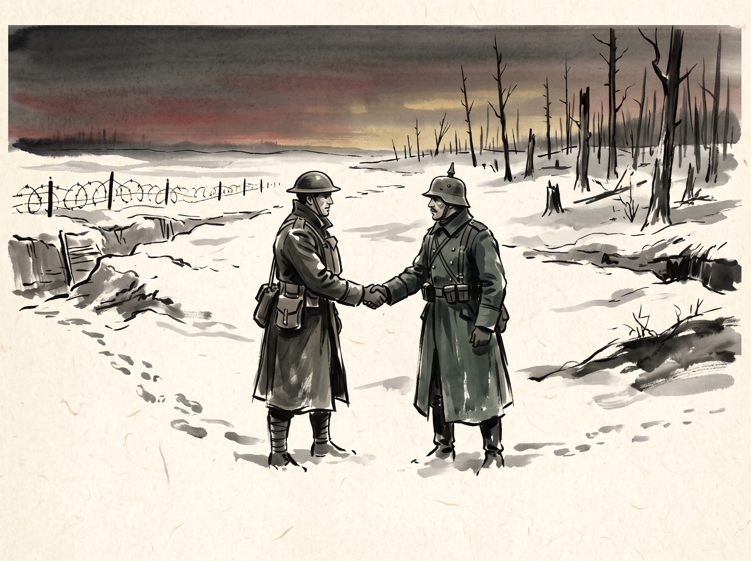Ink-wash painting of a British and a German soldier shaking hands in snowy no man's land