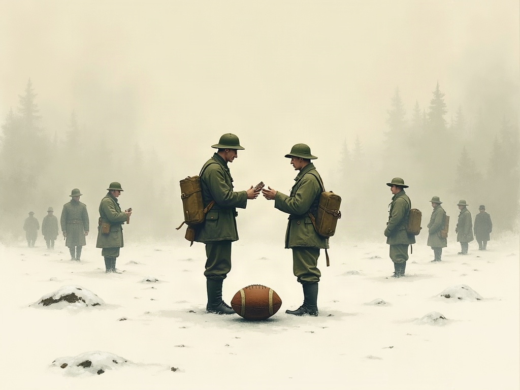 Ink-wash painting of WWI soldiers swapping small gifts with a football on the snow between them