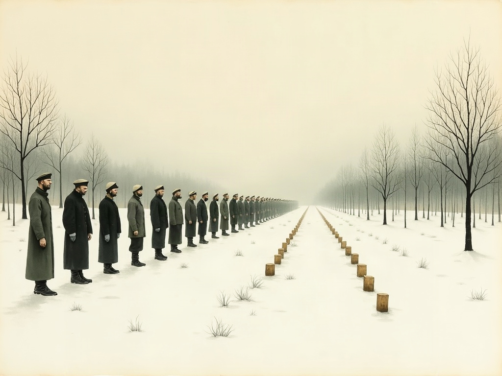 Ink-wash painting of soldiers bowing their heads at a joint burial in the snow of no man's land