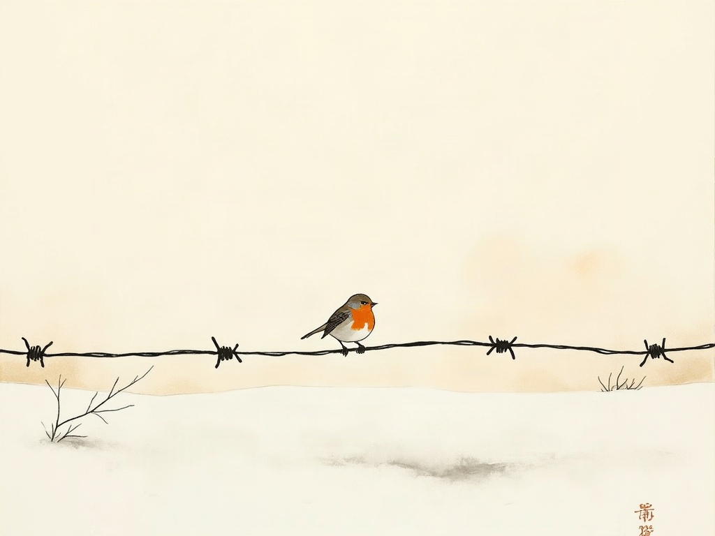 Ink-wash painting of a small robin on barbed wire above a silent snowy trench at dawn