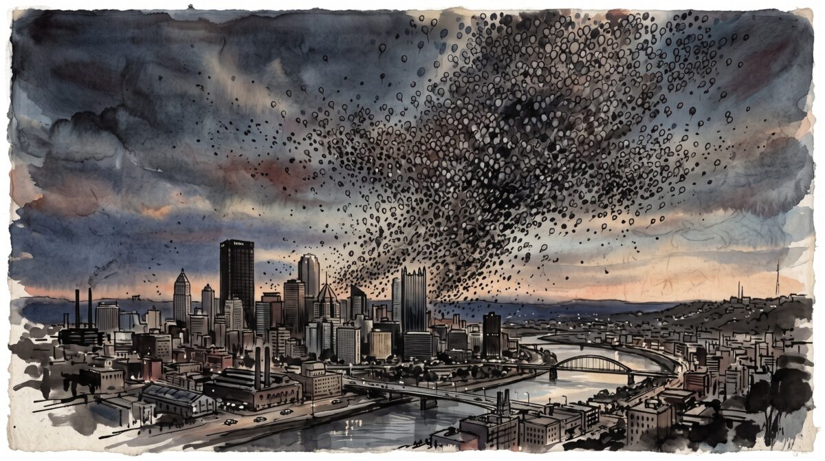 A towering cloud of a million balloons rising over a city skyline in ink-wash style