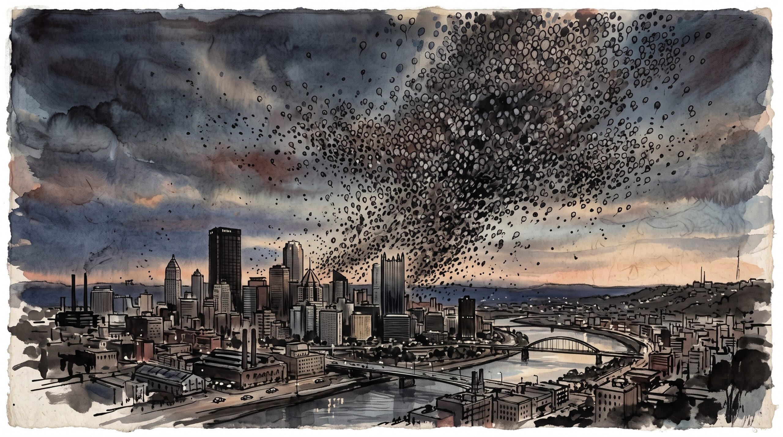 A towering cloud of a million balloons rising over a city skyline in ink-wash style