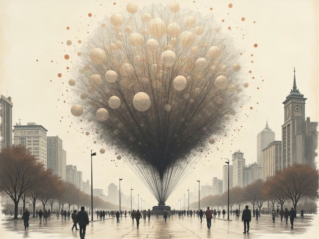 A giant net holding a mountain of balloons in a city square before release, ink-wash style