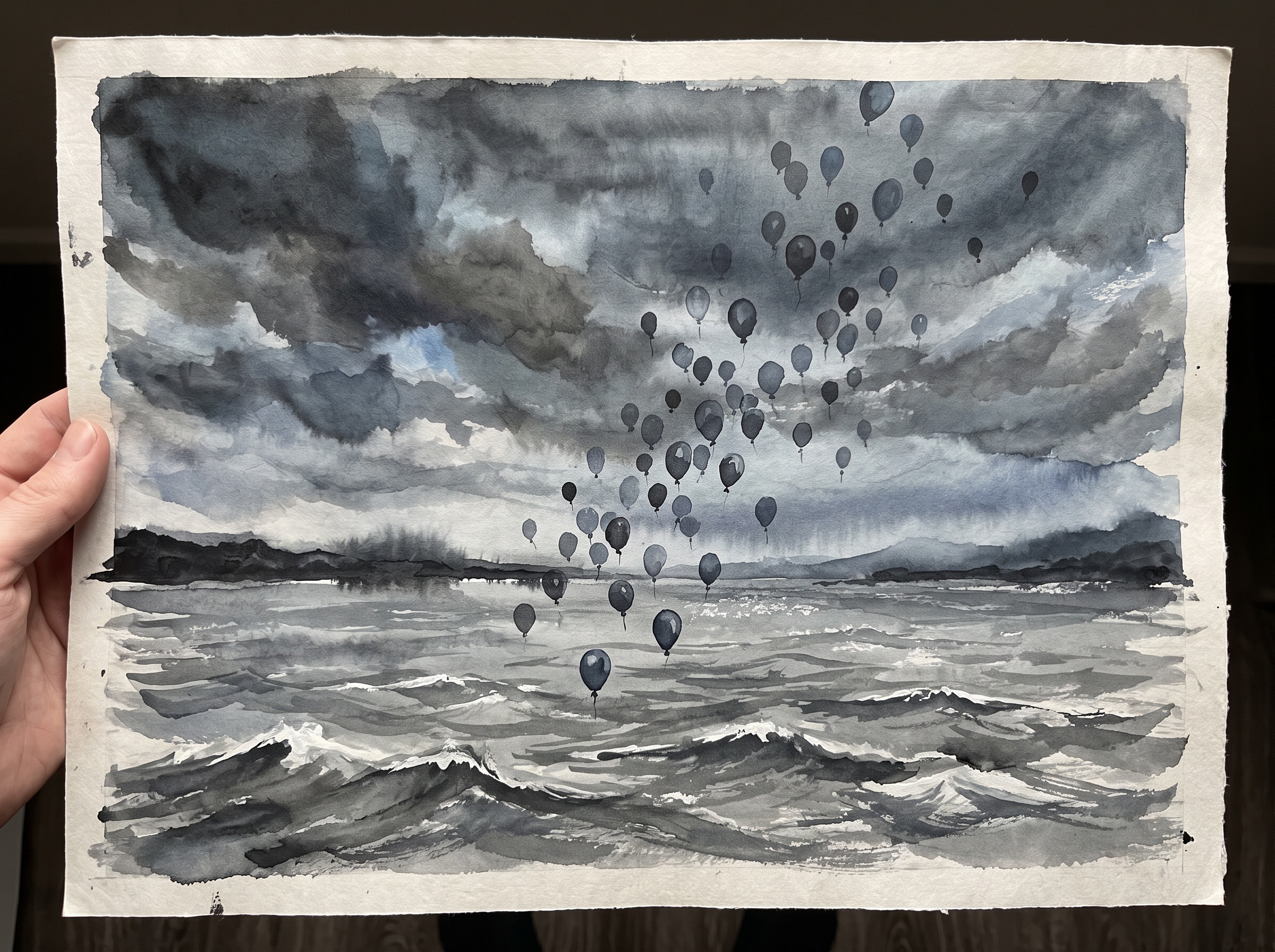 Balloons falling onto the choppy grey water of a lake under a darkening sky, ink-wash style