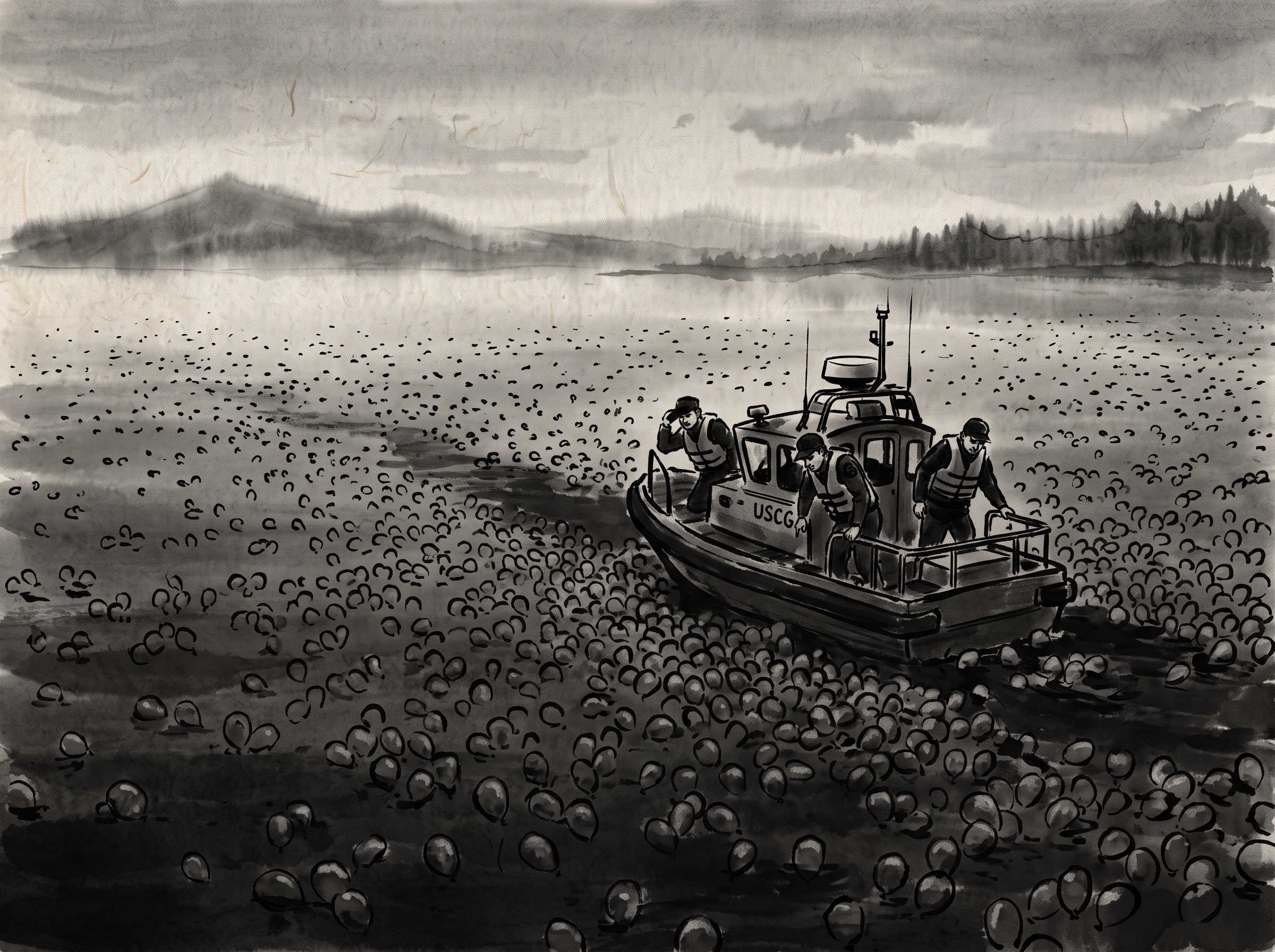 A rescue boat searching a lake surface littered with balloons at twilight, ink-wash style