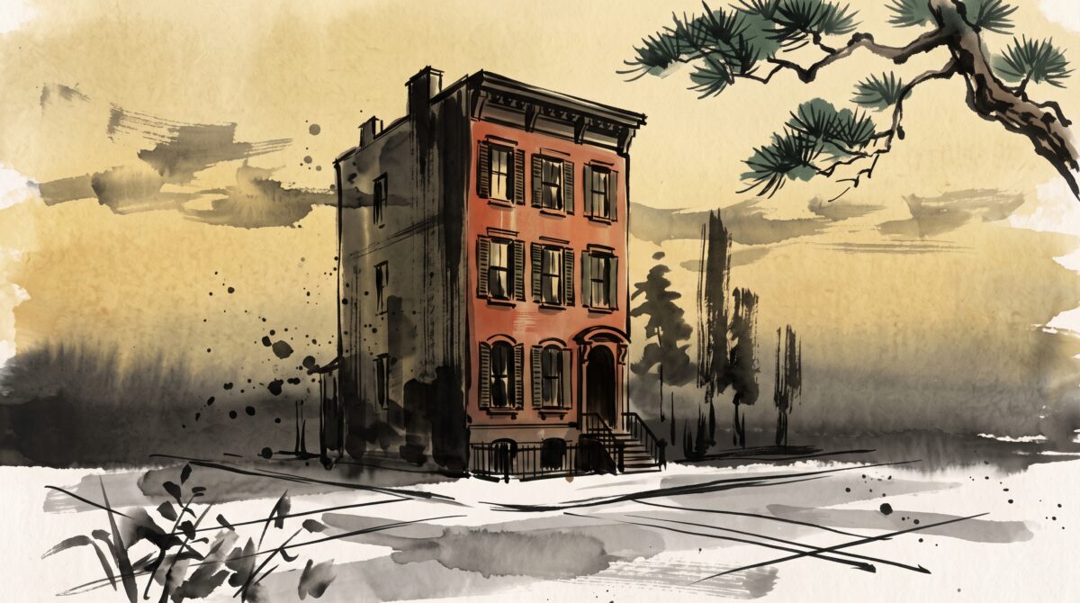 Ink-wash painting of a dark, shuttered brownstone townhouse standing alone at dusk