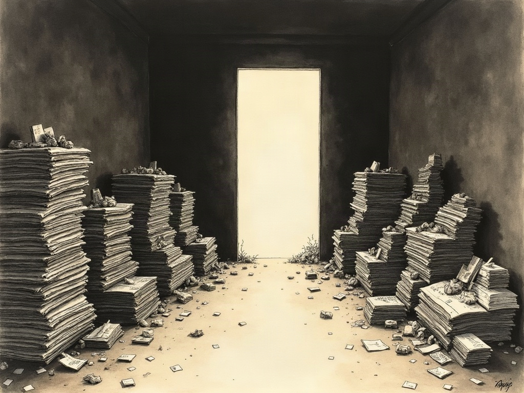 Ink-wash image of a corridor packed to the ceiling with newspaper stacks and a narrow tunnel through it
