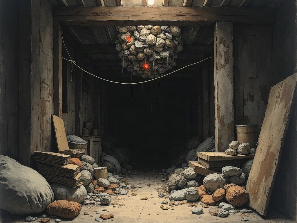 Ink painting of a debris tunnel rigged with a trip-wire booby trap ready to collapse