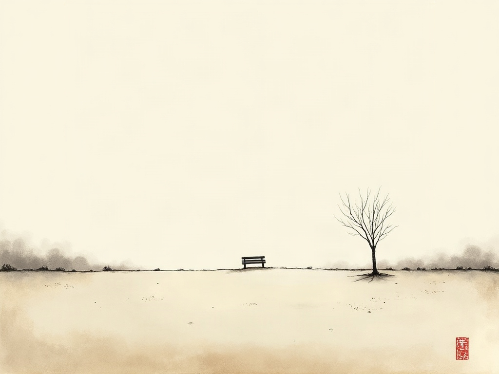 Ink-wash painting of an empty cleared lot with a lone bench and bare tree under a pale sky